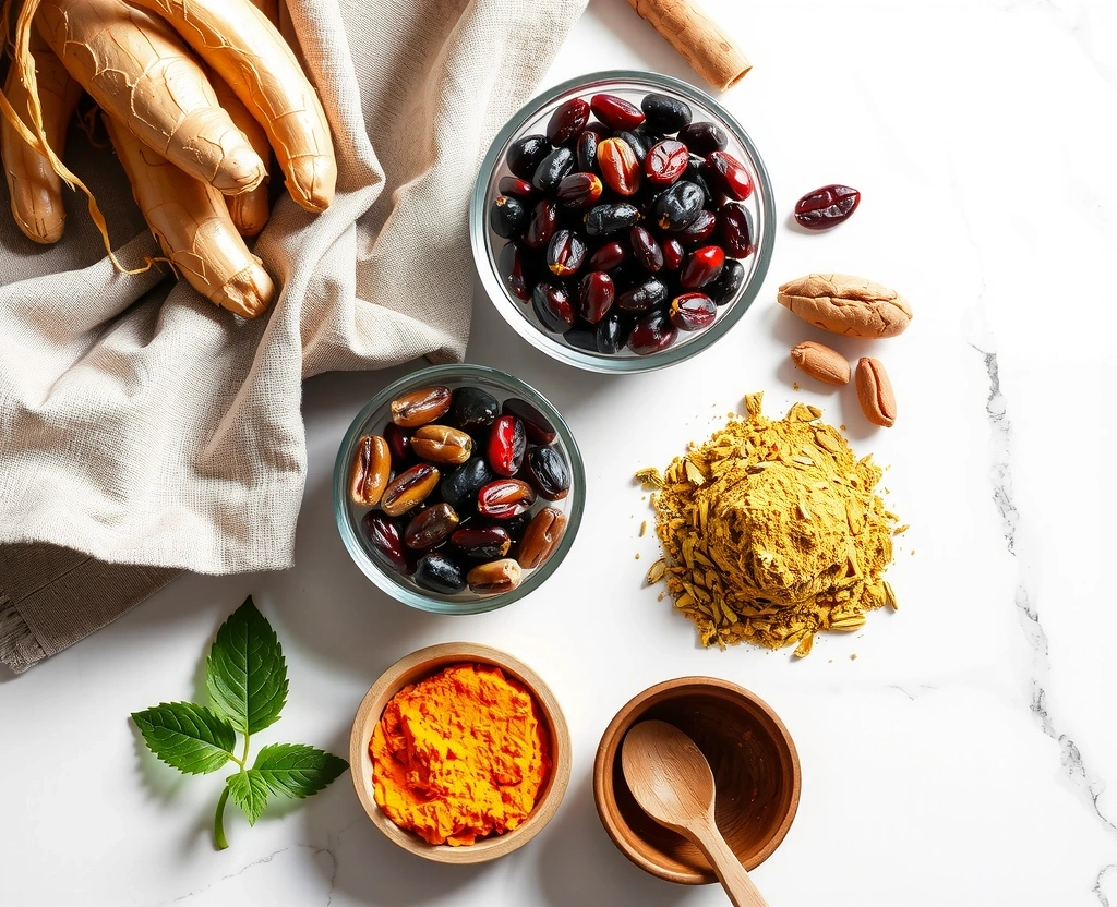 Premium natural ingredients including herbs, roots, and botanicals in elegant arrangement